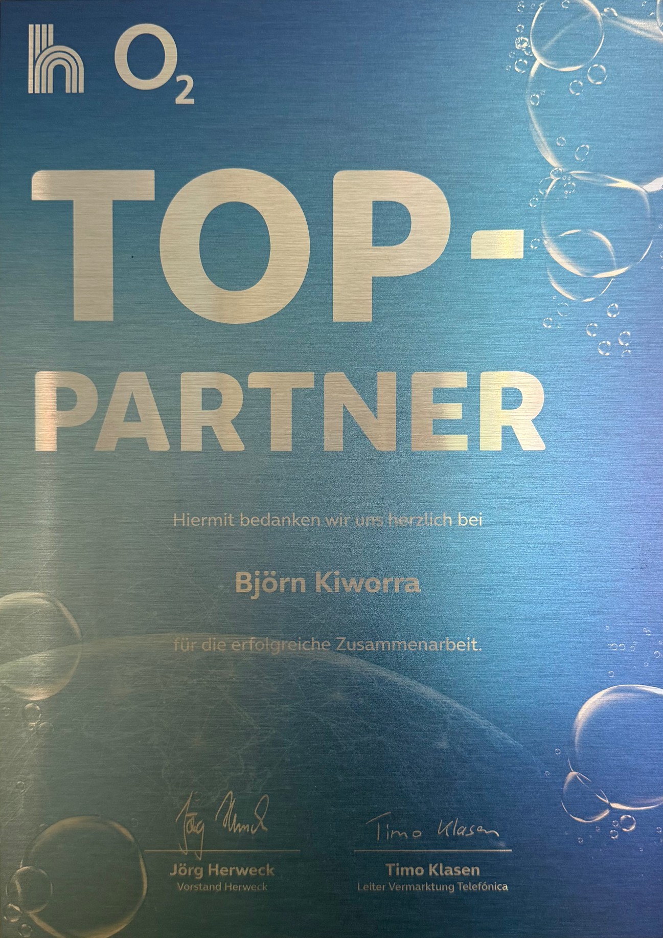 o2 Top-Partner Urkunde für Björn Kiworra, SEEFUNK Losheim