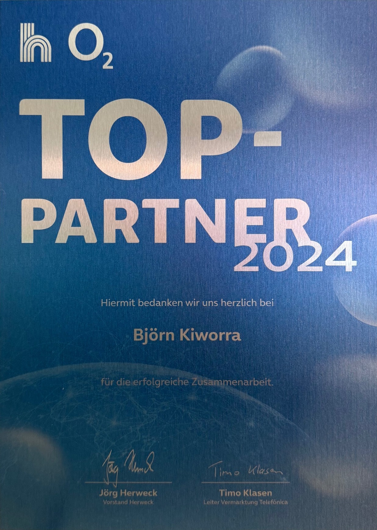 o2 Top-Partner 2024 Urkunde für Björn Kiworra, SEEFUNK Losheim