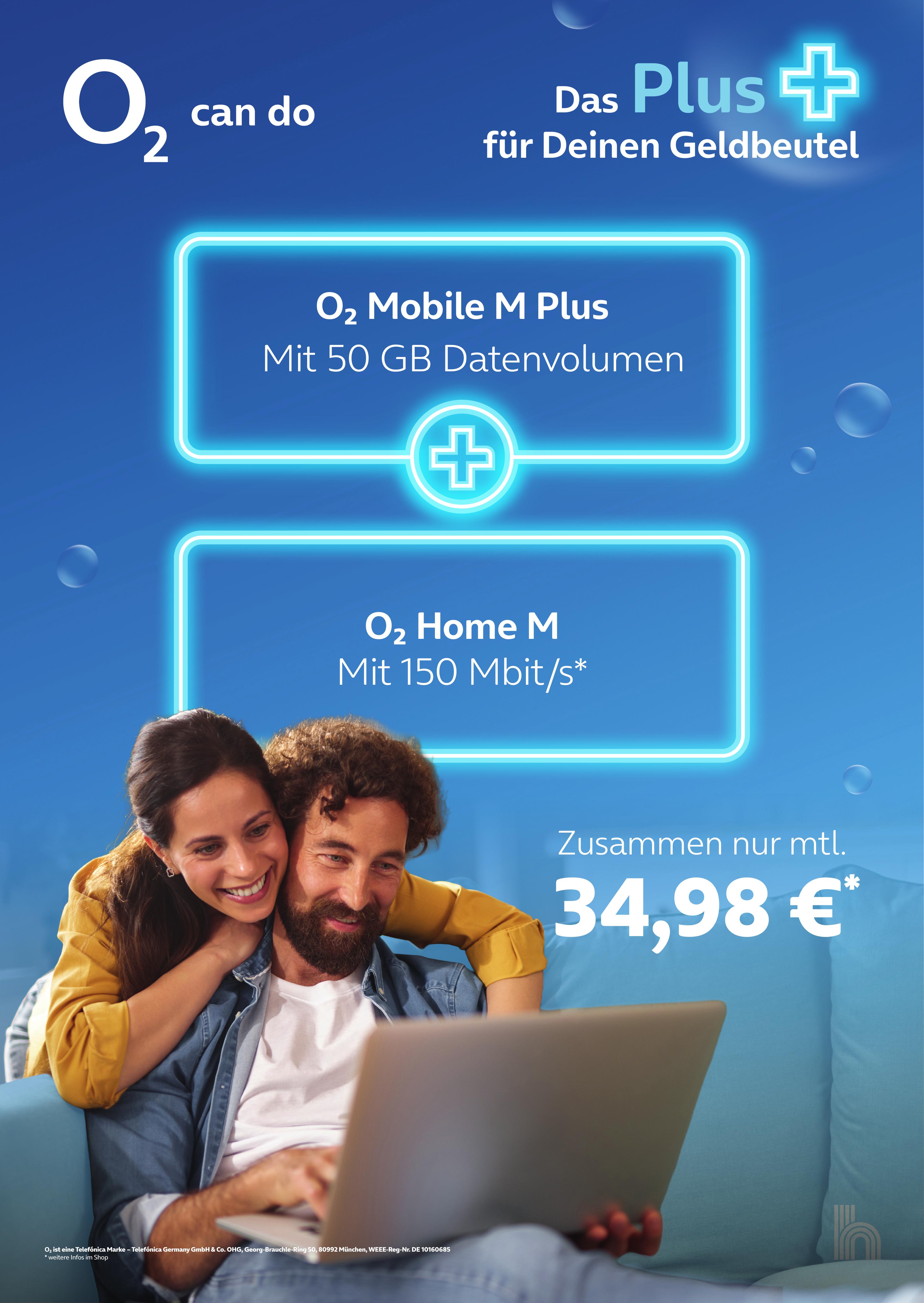 o2 Angebot: o2 Mobile M Plus mit 50 GB plus o2 Home M mit 150 Mbit/s für 34,98 € monatlich