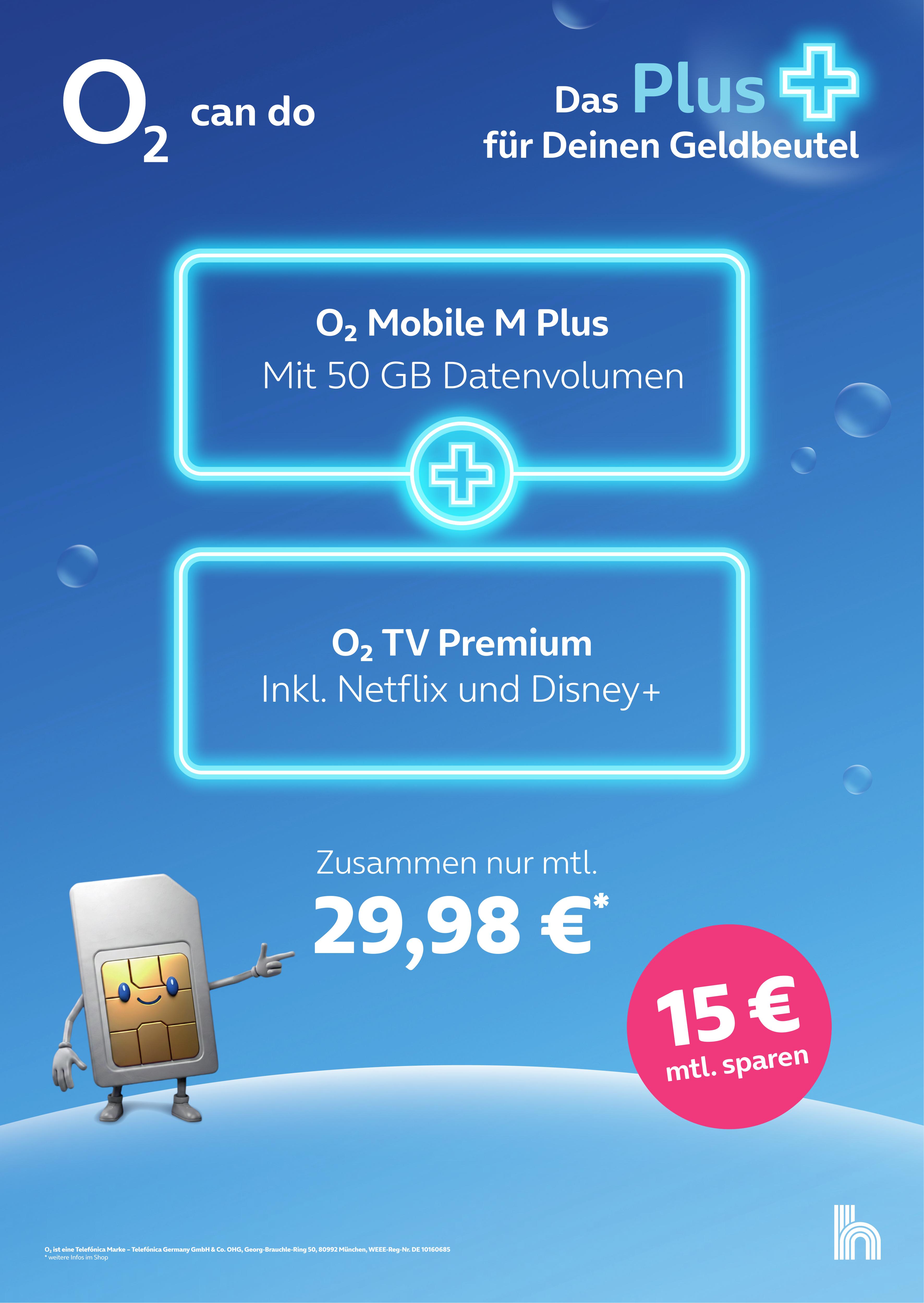 o2 Angebot: o2 Mobile M Plus mit 50 GB plus o2 TV Premium inkl. Netflix und Disney+ für 29,98 € monatlich