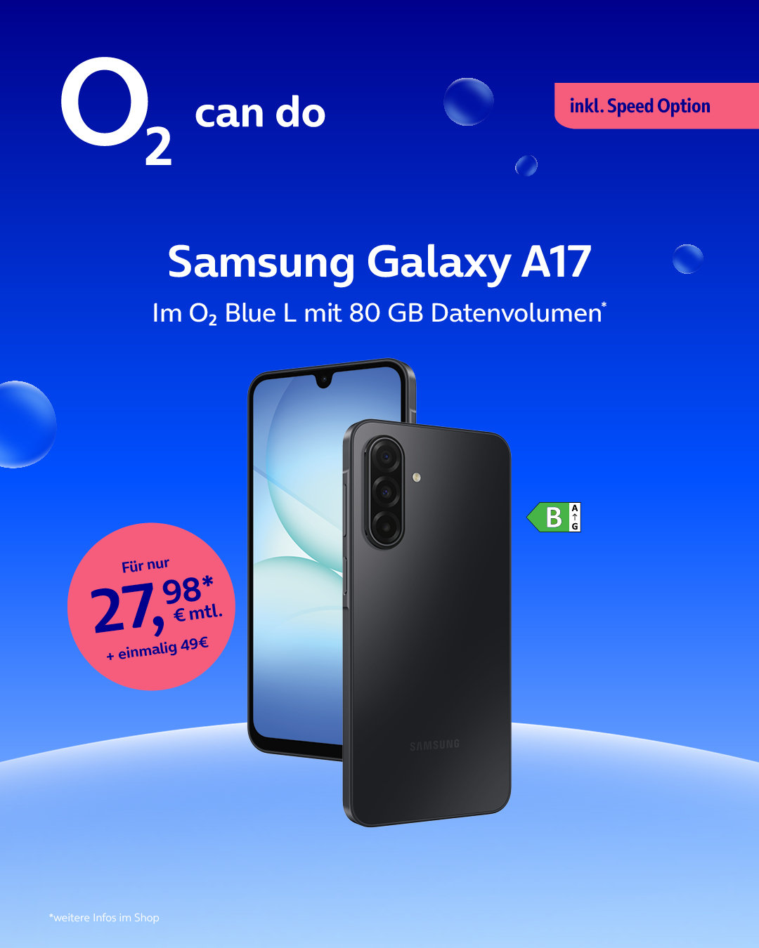 o2 Angebot: Samsung Galaxy A17 im o2 Blue L mit 80 GB für 27,98 € monatlich